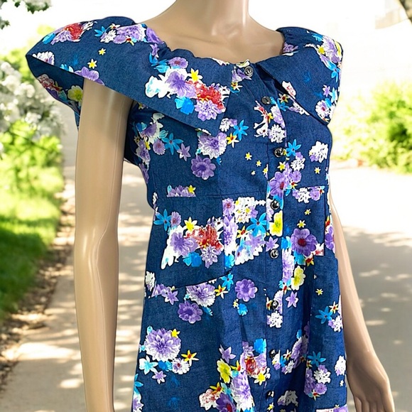 NEW Diva USA Floral Chambray Blue Flutter Sleeve Dress - Picture 6 of 16